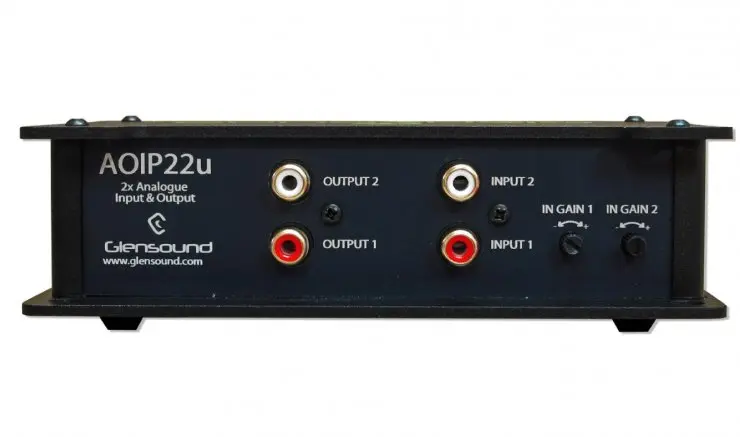 AoIP-22u 2 x unbalanced RCA phono analogue inputs & outputs portable unit Dante/ AES67