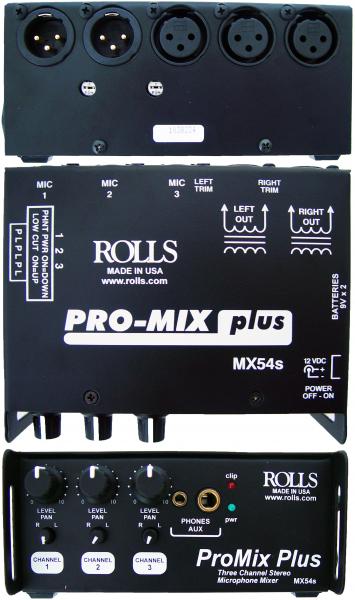 Rolls MX54s Pro Mix Plus 3 CH Batt. Mic Mixer,3 XLR mic ins,phant.