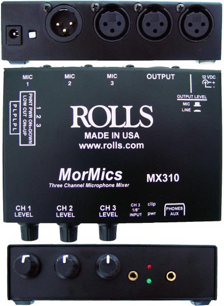 Rolls MX310 MorMic 3 CH Mic Mixer, XLR in/out, 1/8" in/out