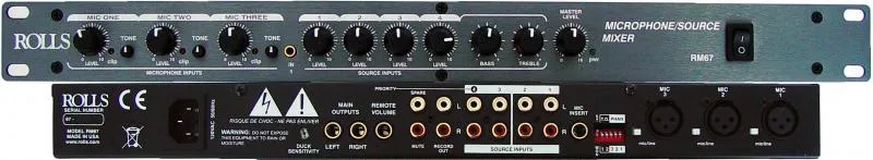 [RM67] RM67 Mic/Source Mixer, 1U, XLR/RCA in, 1/4"out, RCA rec.out