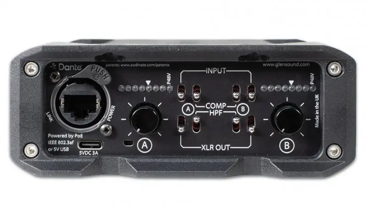 Glensound AoIP-22M 2 x mic/line inputs, 2 x line outputs from Dante or the mic input.  Dante/AES67.  Selectable compressor, 48V, low cut filter