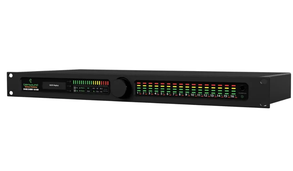 DARKDAWN 1616M 16 analogue inputs and outputs.  Inputs have selectable mic amps with front panel control and remote network control of gain. Panel also has PPM meters and headphone output for monitoring.  With alarms for loss of link and loss of power.