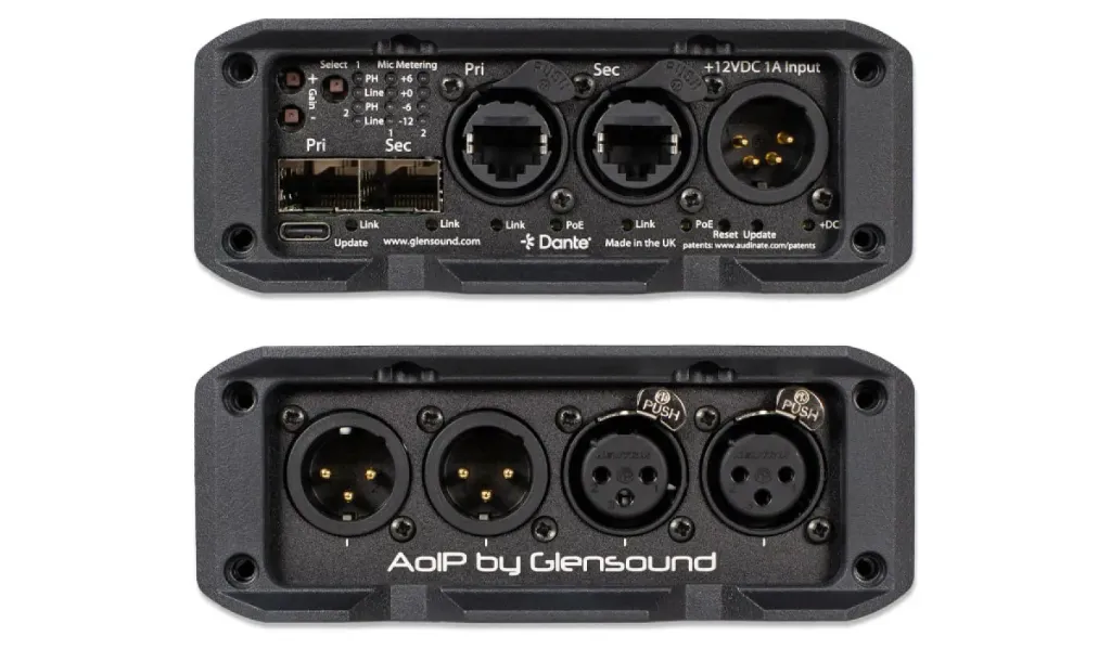 DARK22M Portable throw down box.  2 x XLR input mic/line/48v to Dante.  Clarke reference mic amp design.  2 x XLR output from Dante.  DSP dynamic options.  Primary and secondary network connections on RJ45 copper Ethernet and SFP slots for fibre.  Front panel and remote control via GlenController or any remote app that can generate UDP commands.  Includes bi-directional USB/Dante interface.  PoE, 12V locking DC  or USB C power.