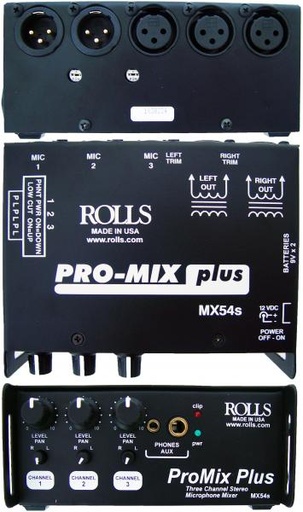 [MX54s] Rolls MX54s Pro Mix Plus 3 CH Batt. Mic Mixer,3 XLR mic ins,phant.