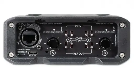 [AoIP-22M] Glensound AoIP-22M 2 x mic/line inputs, 2 x line outputs from Dante or the mic input.  Dante/AES67.  Selectable compressor, 48V, low cut filter